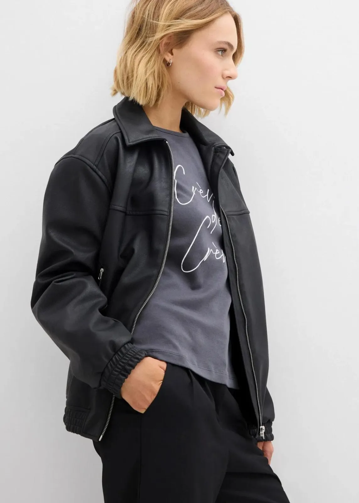 bonprix Shirts & Tops|Nachhaltigere Materialien^Langarmshirt aus reiner Baumwolle anthrazit/wollweiß meliert