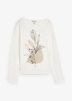 bonprix Shirts & Tops|Nachhaltigere Materialien^Langarmshirt aus reiner Baumwolle wollweiß graphisch bedruckt