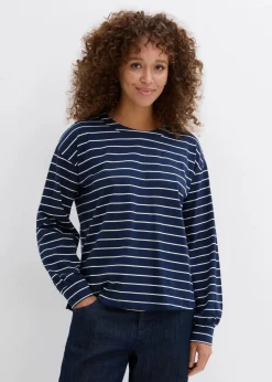 bonprix Shirts & Tops|Nachhaltigere Materialien^Langarmshirt aus reiner Bio-Baumwolle dunkelblau/wollweiß gestreift