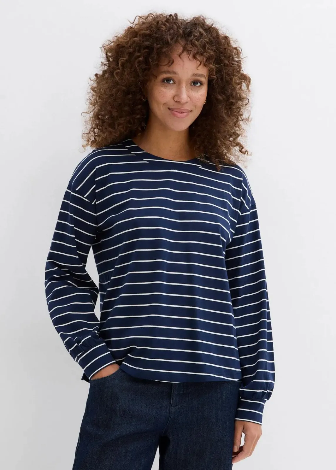bonprix Shirts & Tops|Nachhaltigere Materialien^Langarmshirt aus reiner Bio-Baumwolle dunkelblau/wollweiß gestreift