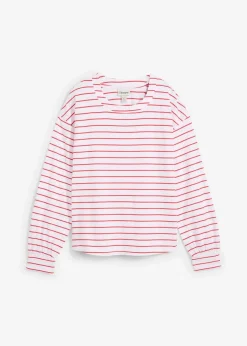 bonprix Nachhaltigere Materialien|Shirts & Tops^Langarmshirt aus reiner Bio-Baumwolle weiß/erdbeere gestreift