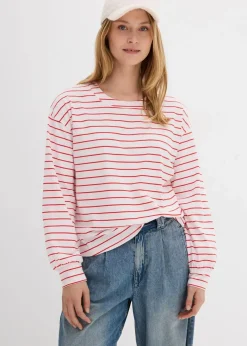 bonprix Nachhaltigere Materialien|Shirts & Tops^Langarmshirt aus reiner Bio-Baumwolle weiß/erdbeere gestreift