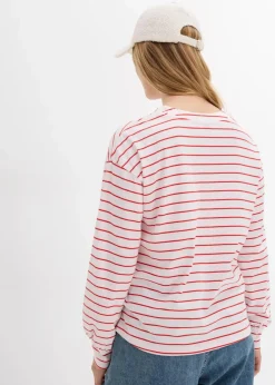 bonprix Nachhaltigere Materialien|Shirts & Tops^Langarmshirt aus reiner Bio-Baumwolle weiß/erdbeere gestreift