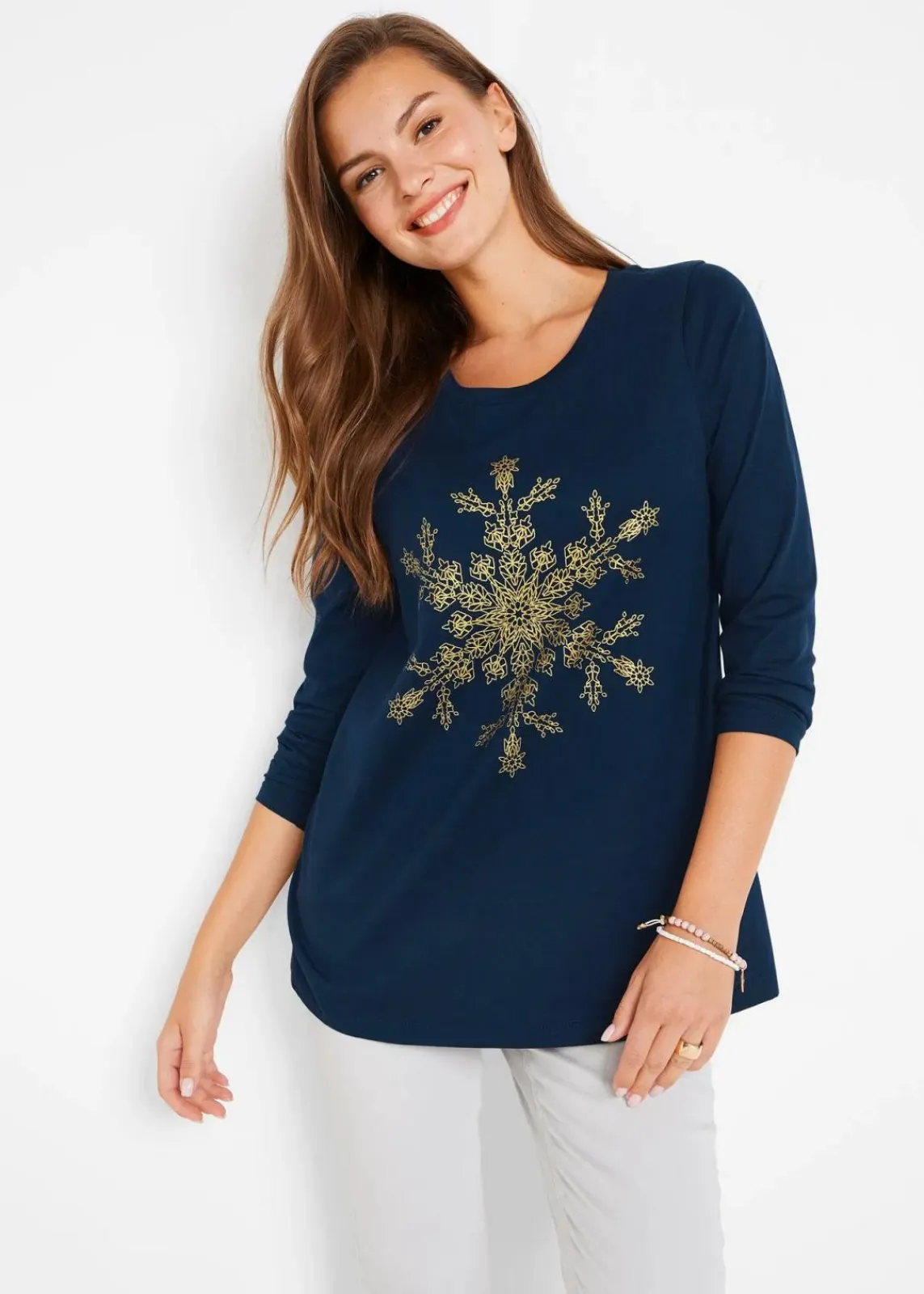 bonprix Shirts & Tops^Langarmshirt aus reiner Baumwolle dunkelblau/gold