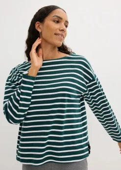 bonprix Bekleidung·Röcke|Nachhaltigere Materialien^Langarmshirt aus reiner Bio-Baumwolle, (2er Pack) tiefgrün/weiß gestreift + schwarz/weiß gestreift