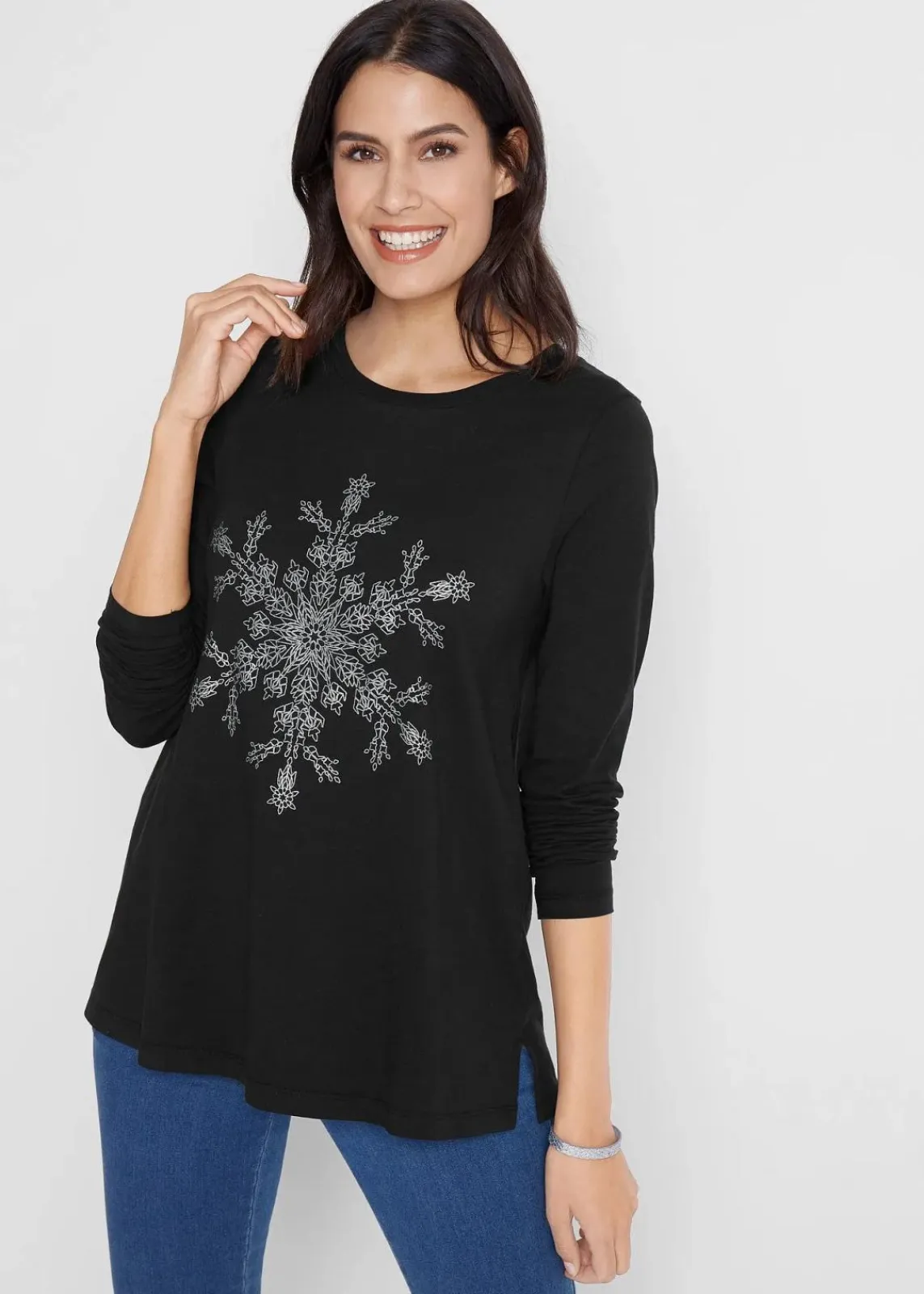 bonprix Shirts & Tops^Langarmshirt aus reiner Baumwolle schwarz/metallic silber