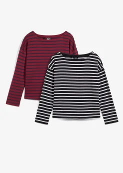 bonprix Shirts & Tops|Basics^Langarmshirt aus reiner Bio-Baumwolle, (2er Pack) rubinrot/dunkelblau gestreift + schwarz/weiß gestreift