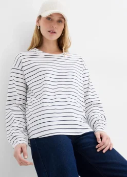 bonprix Nachhaltigere Materialien|Shirts & Tops^Langarmshirt aus reiner Bio-Baumwolle weiß/dunkelblau gestreift