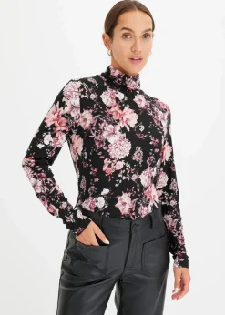 bonprix Nachhaltigere Materialien|Shirts & Tops^Langarmshirt aus softem Viskose-Mix schwarz geblümt