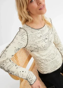bonprix Shirts & Tops^Langarmshirt aus softer Viskose natur/schwarz bedruckt