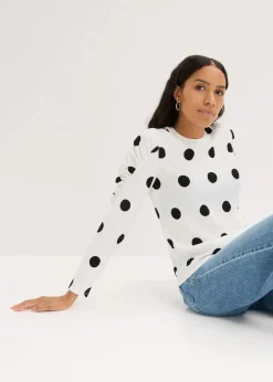 bonprix Shirts & Tops^Langarmshirt aus strukturiertem Crêpe weiß/schwarz gepunktet