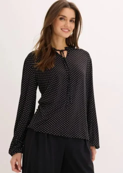 bonprix Shirts & Tops|Nachhaltigere Materialien^Langarmshirt aus Viskose-Mix schwarz mit weiß gepunktet