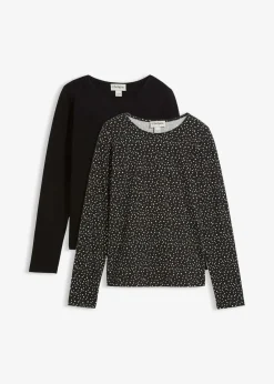 bonprix Bekleidung·Röcke|Basics^Langarmshirt (2er Pack) aus Baumwoll-Elasthan Mix schwarz/wollweiß