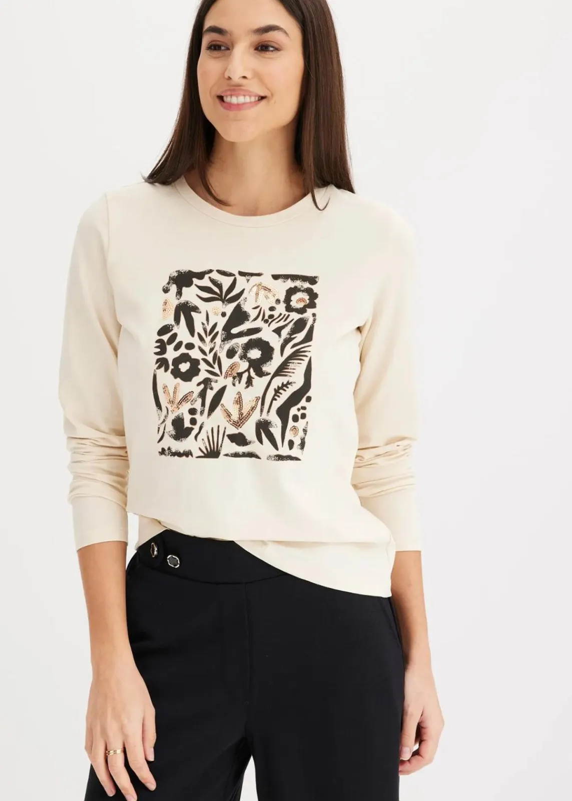 bonprix Shirts & Tops^Langarmshirt mit Bio-Baumwolle kieselbeige/schwarz/mokkabraun bedruckt