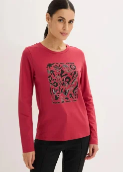 bonprix Shirts & Tops^Langarmshirt mit Bio-Baumwolle kirschrot/metallic gold/schwarz bedruckt