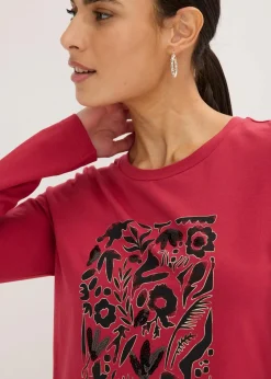 bonprix Shirts & Tops^Langarmshirt mit Bio-Baumwolle kirschrot/metallic gold/schwarz bedruckt