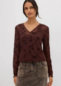 bonprix Shirts & Tops^Langarmshirt mit Flockprint terrabraun