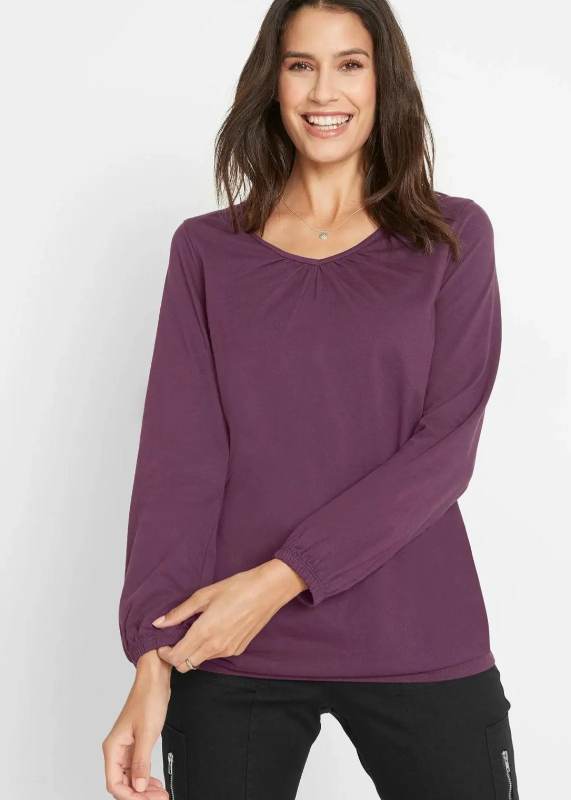 bonprix Shirts & Tops|Nachhaltigere Materialien^Langarmshirt mit Gummizug aus reiner Baumwolle holunderbeere