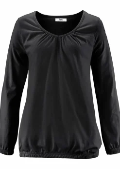 bonprix Nachhaltigere Materialien|Shirts & Tops^Langarmshirt mit Gummizug aus reiner Baumwolle schwarz