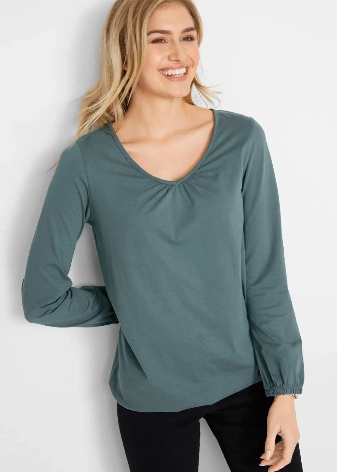 bonprix Shirts & Tops|Nachhaltigere Materialien^Langarmshirt mit Gummizug aus reiner Baumwolle eukalyptusgrün