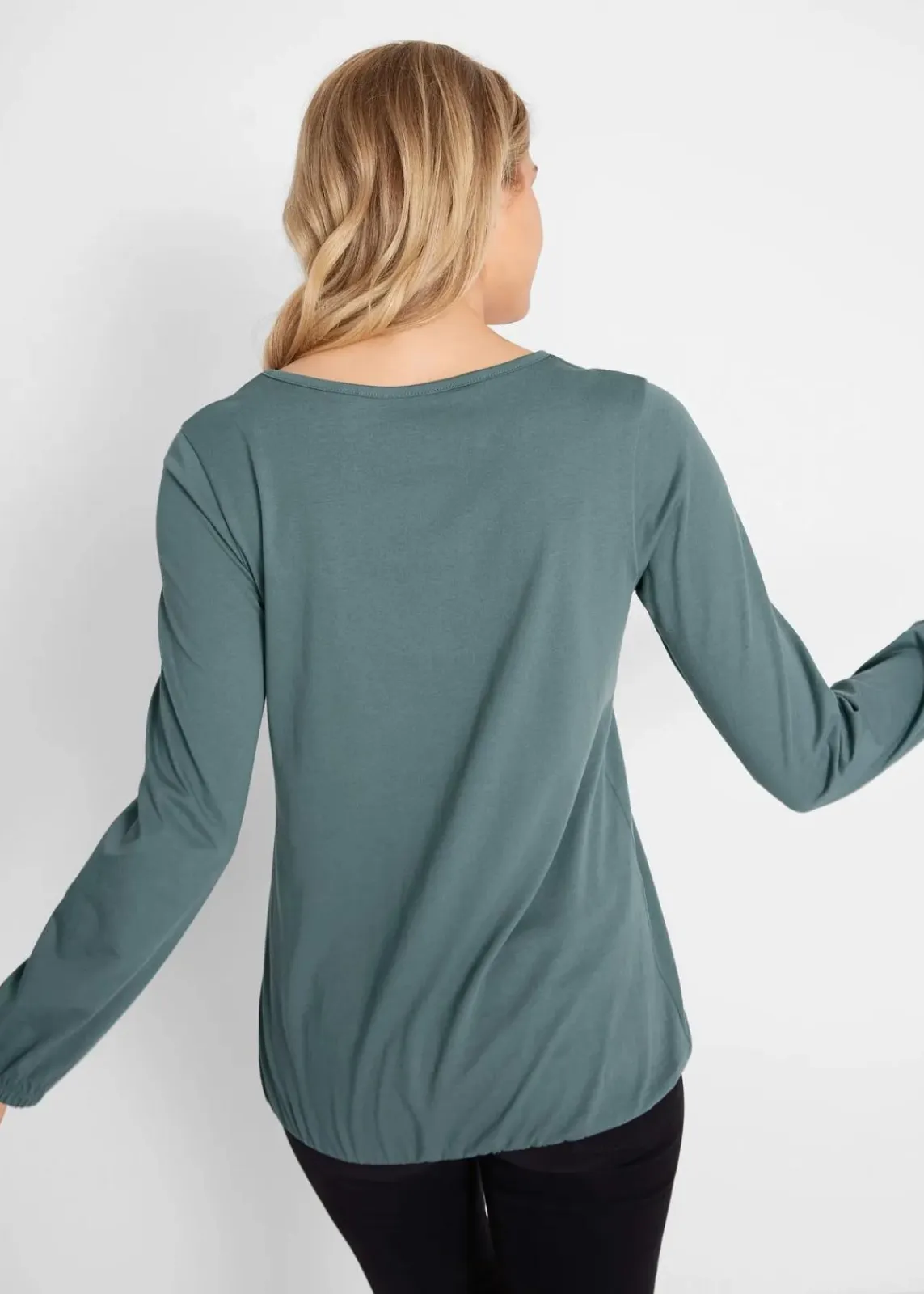 bonprix Shirts & Tops|Nachhaltigere Materialien^Langarmshirt mit Gummizug aus reiner Baumwolle eukalyptusgrün