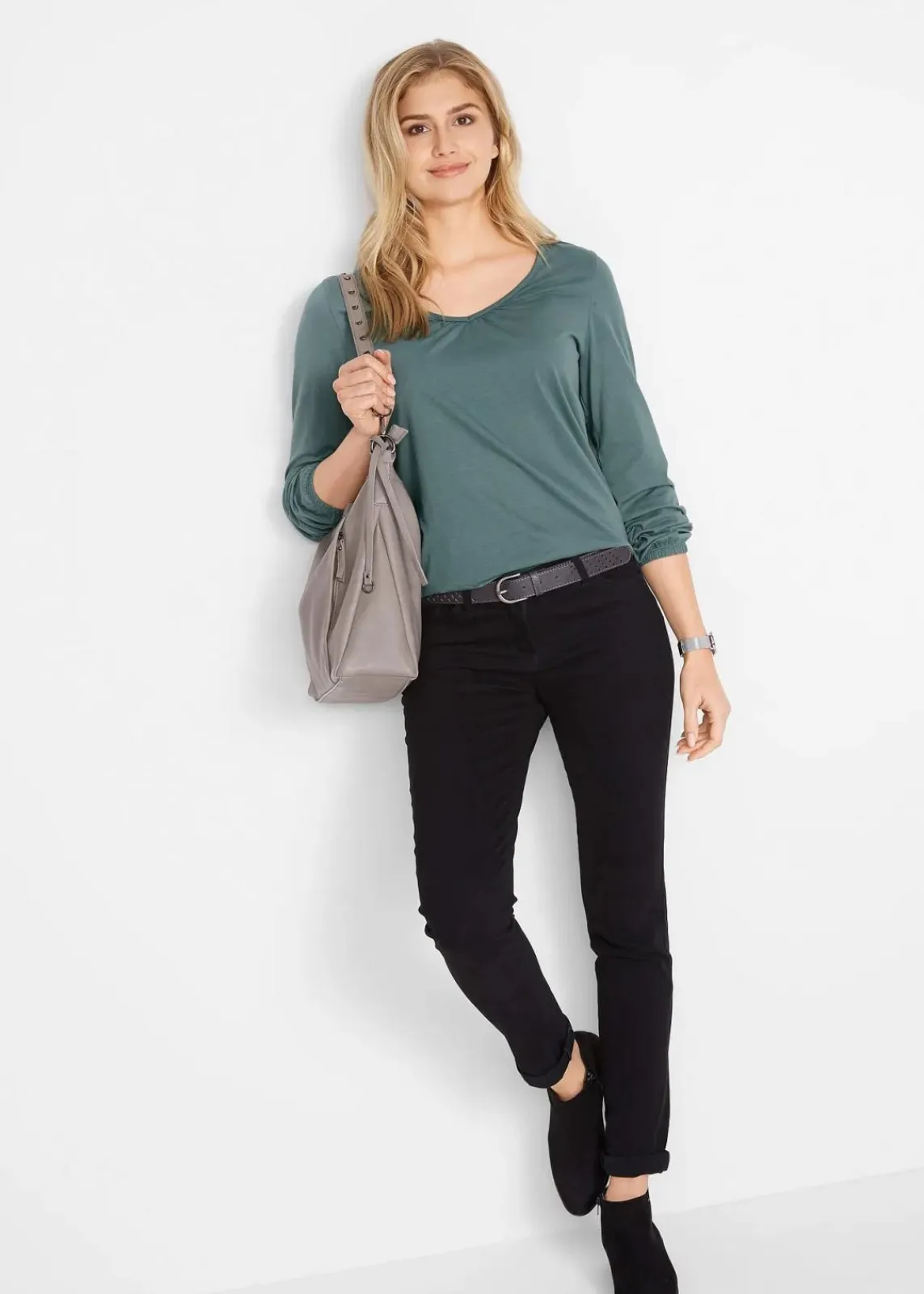 bonprix Shirts & Tops|Nachhaltigere Materialien^Langarmshirt mit Gummizug aus reiner Baumwolle eukalyptusgrün