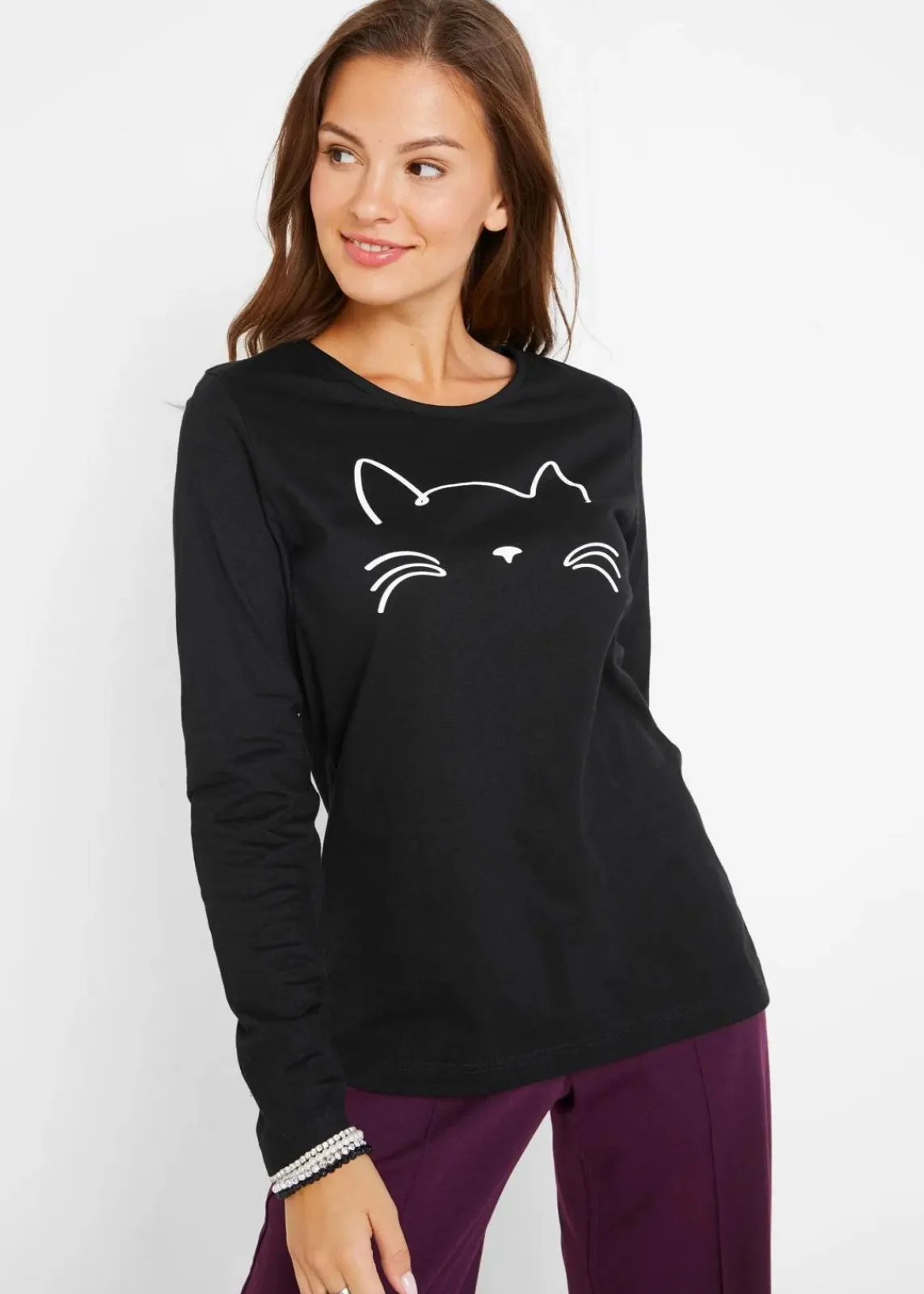 bonprix Nachhaltigere Materialien|Shirts & Tops^Langarmshirt mit Katzendruck schwarz