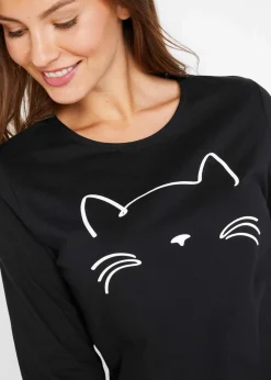 bonprix Nachhaltigere Materialien|Shirts & Tops^Langarmshirt mit Katzendruck schwarz