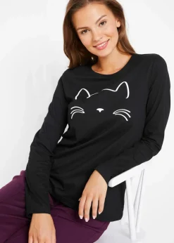 bonprix Nachhaltigere Materialien|Shirts & Tops^Langarmshirt mit Katzendruck schwarz
