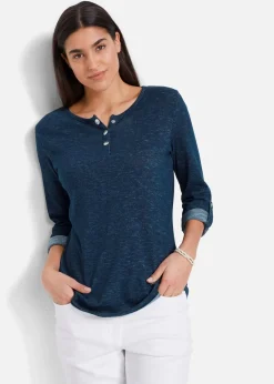 bonprix Shirts & Tops^Langarmshirt mit Knopfleiste aus Baumwoll-Mix dunkelblau meliert