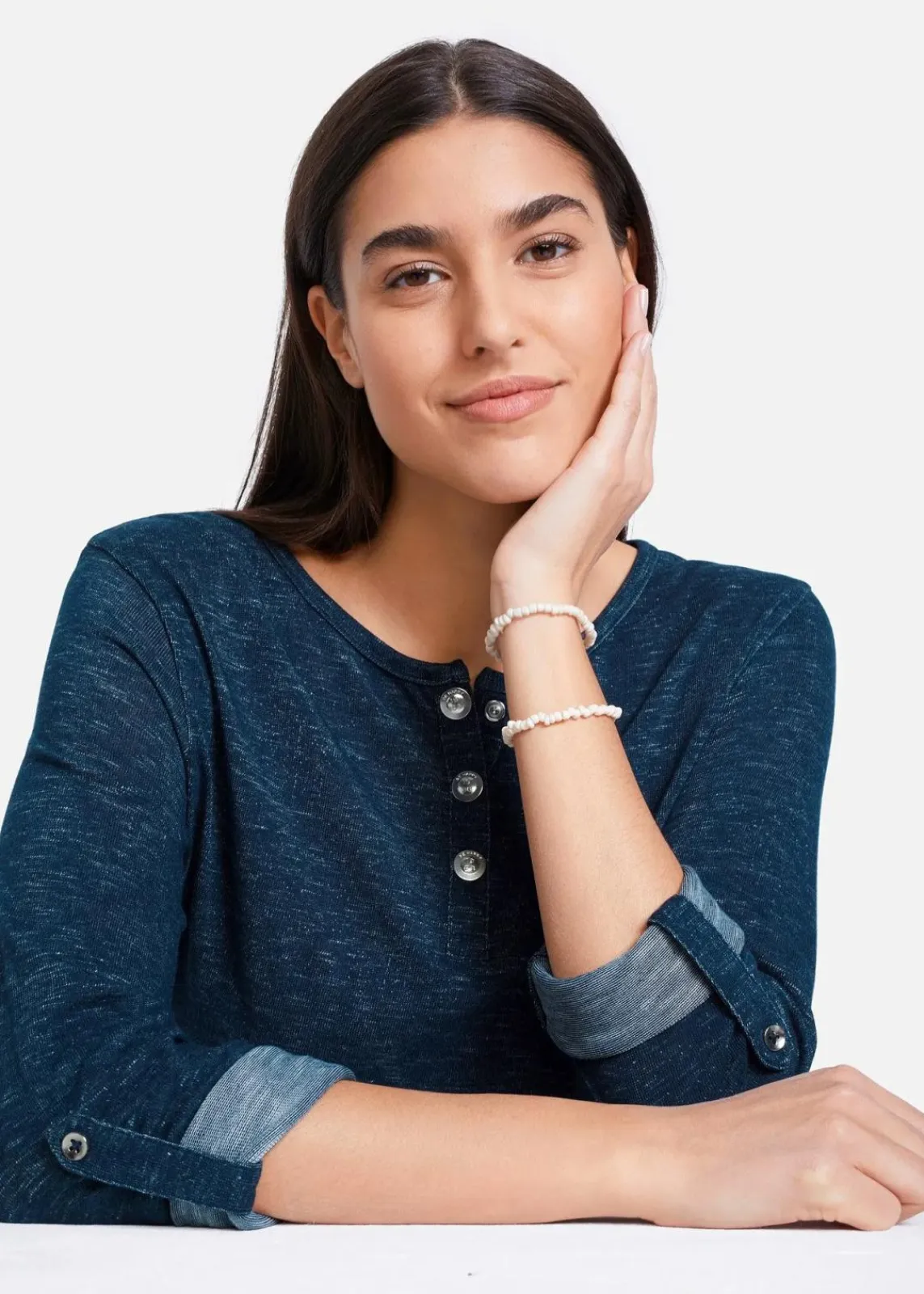 bonprix Shirts & Tops^Langarmshirt mit Knopfleiste aus Baumwoll-Mix dunkelblau meliert