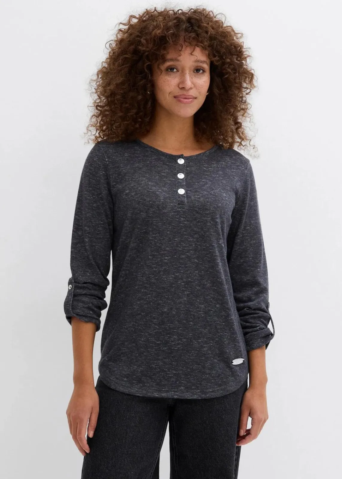 bonprix Shirts & Tops^Langarmshirt mit Knopfleiste aus Baumwoll-Mix anthrazit meliert