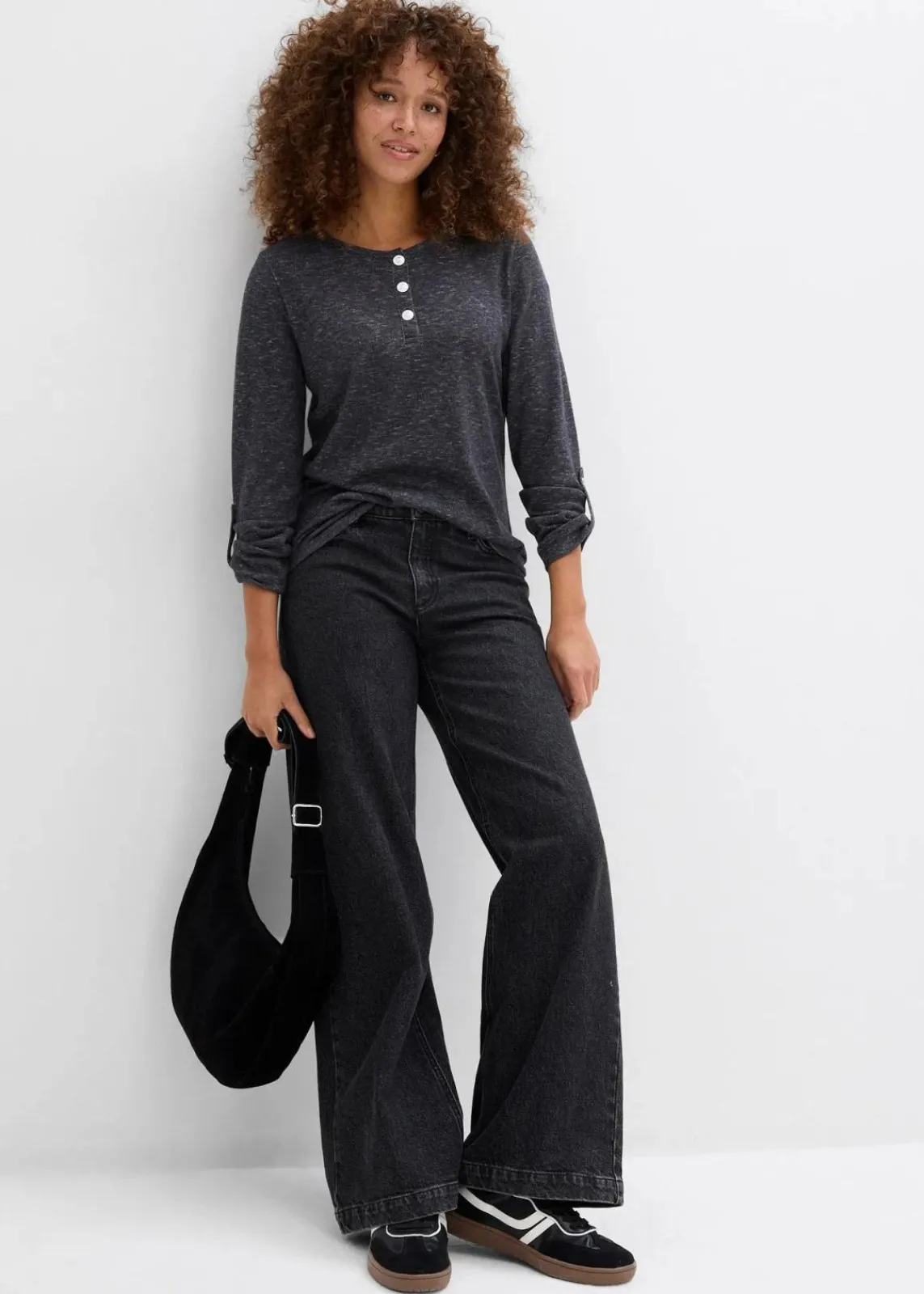 bonprix Shirts & Tops^Langarmshirt mit Knopfleiste aus Baumwoll-Mix anthrazit meliert