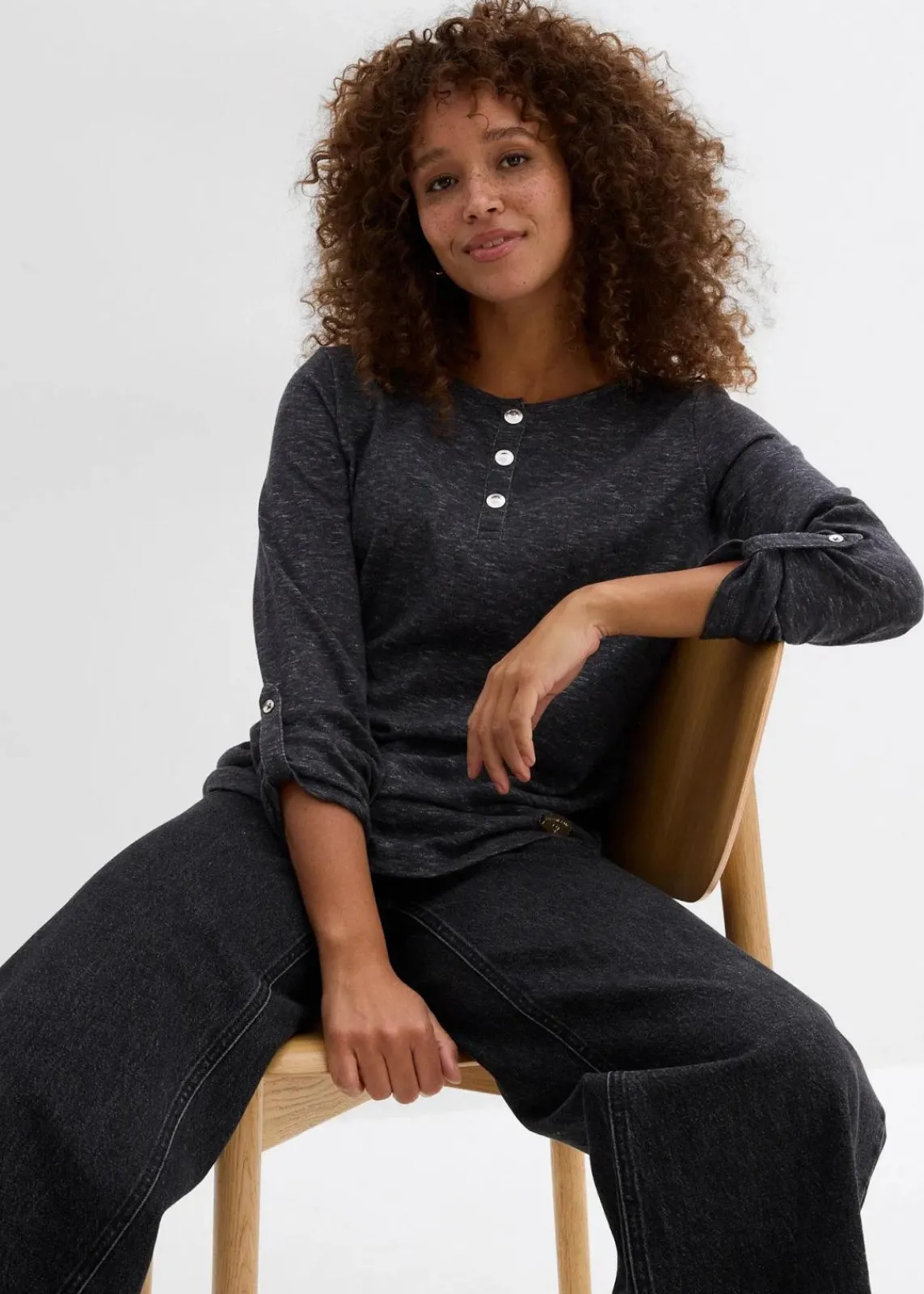bonprix Shirts & Tops^Langarmshirt mit Knopfleiste aus Baumwoll-Mix anthrazit meliert