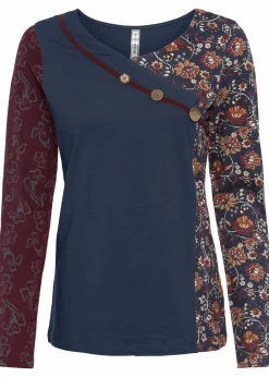 bonprix Shirts & Tops|Nachhaltigere Materialien^Langarmshirt mit Knöpfen dunkelblau bedruckt