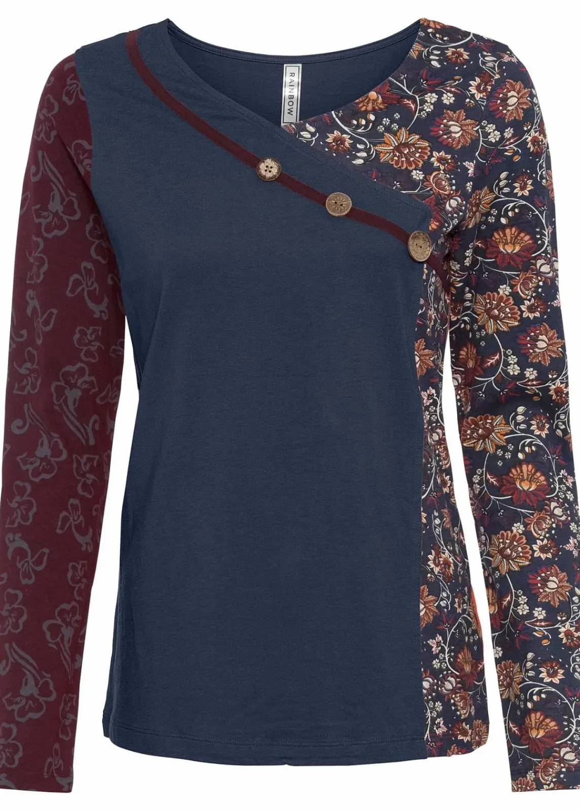 bonprix Shirts & Tops|Nachhaltigere Materialien^Langarmshirt mit Knöpfen dunkelblau bedruckt