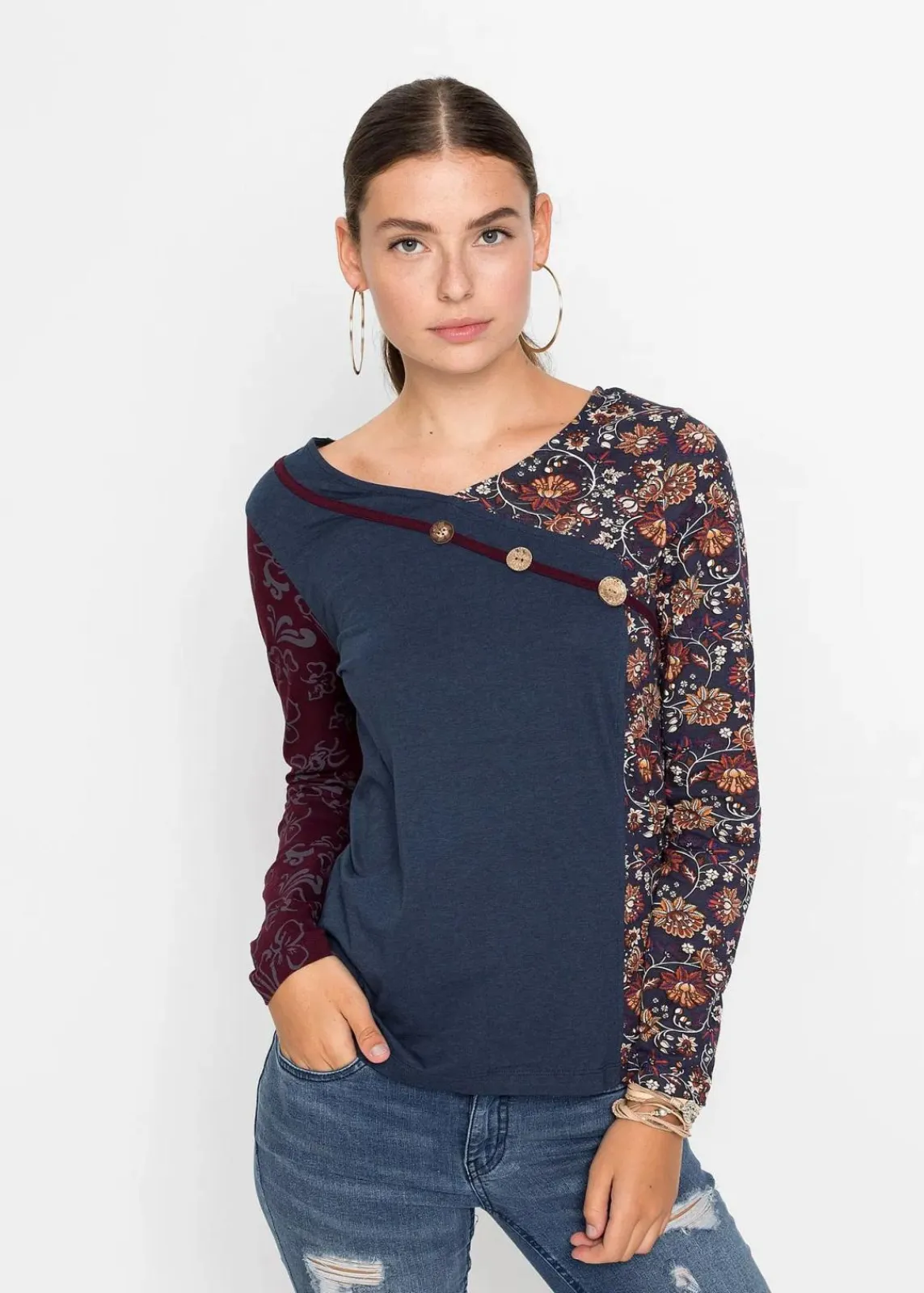 bonprix Shirts & Tops|Nachhaltigere Materialien^Langarmshirt mit Knöpfen dunkelblau bedruckt
