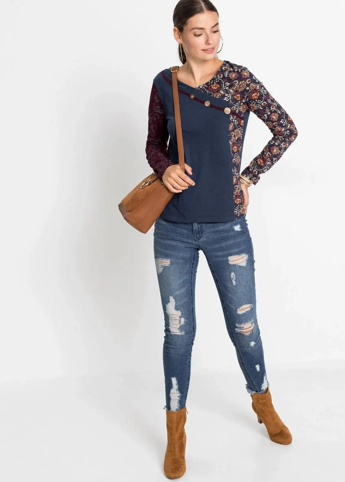 bonprix Shirts & Tops|Nachhaltigere Materialien^Langarmshirt mit Knöpfen dunkelblau bedruckt