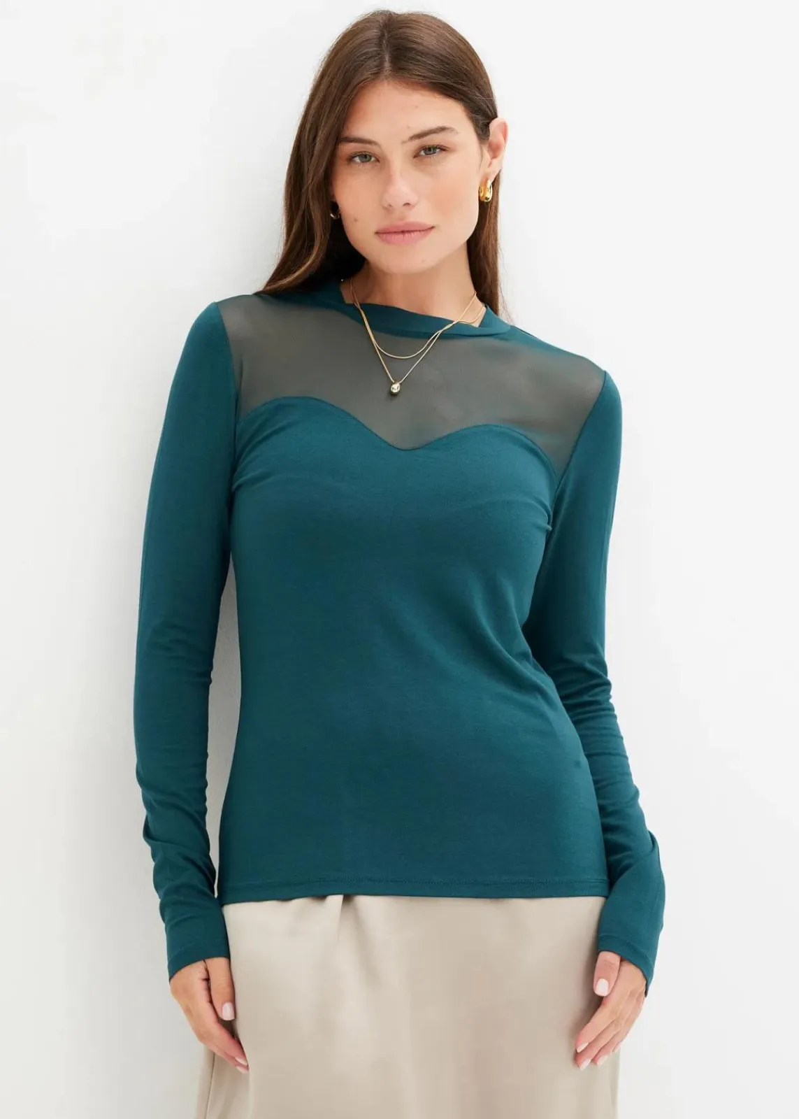 bonprix Shirts & Tops^Langarmshirt mit Mesh petrolgrün