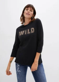 bonprix Shirts & Tops^Langarmshirt mit Nieten und Druck schwarz bedruckt