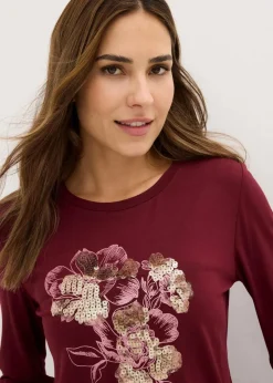 bonprix Shirts & Tops^Langarmshirt mit Pailletten ahornrot/gold bedruckt