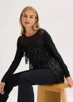 bonprix Shirts & Tops^Langarmshirt mit Pailletten-Fransen schwarz