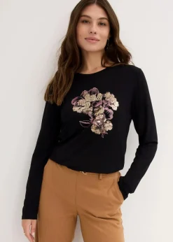 bonprix Shirts & Tops^Langarmshirt mit Pailletten schwarz/gold bedruckt