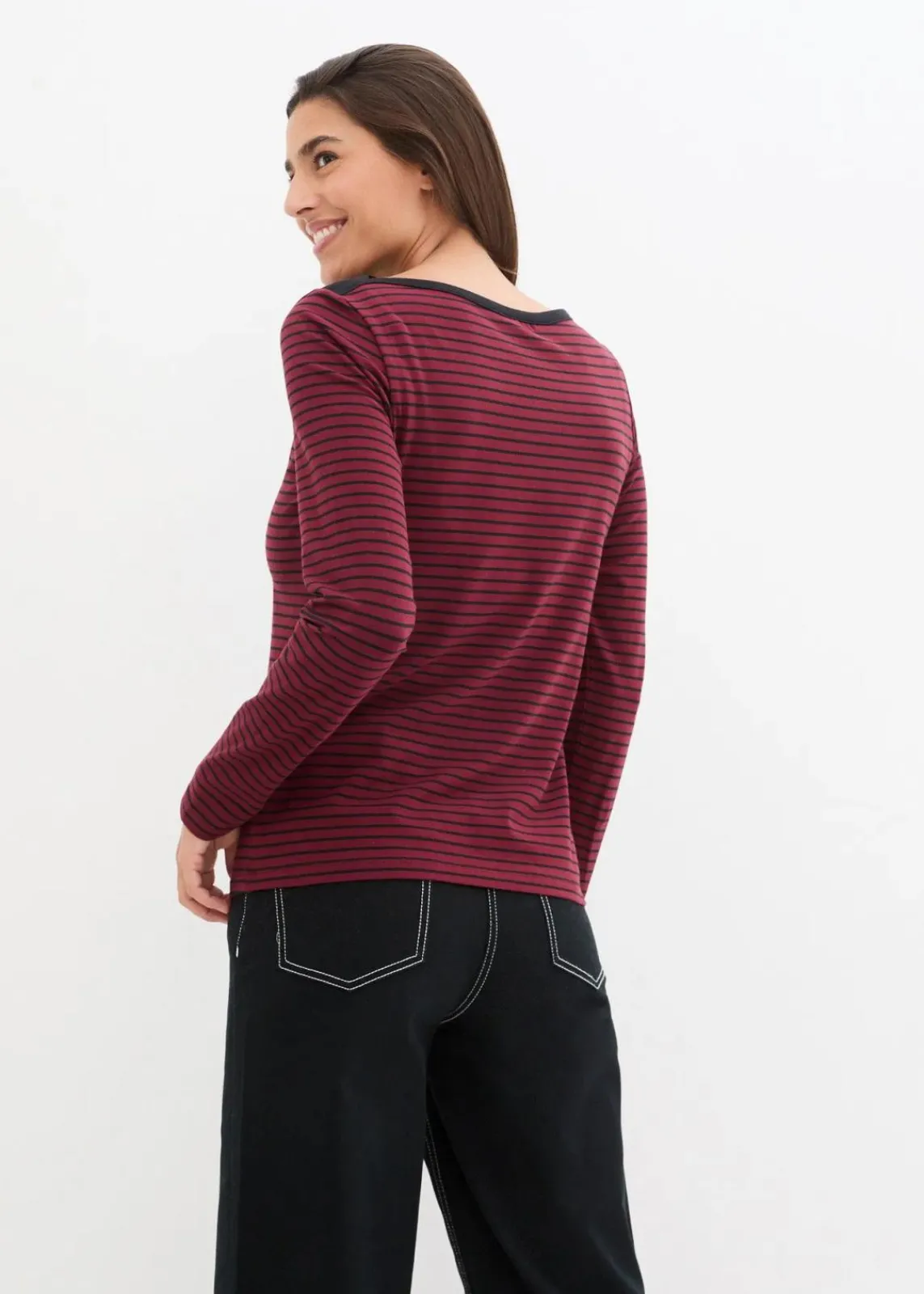 bonprix Nachhaltigere Materialien|Shirts & Tops^Langarmshirt mit reiner Bio-Baumwolle rubinrot/schwarz gestreift