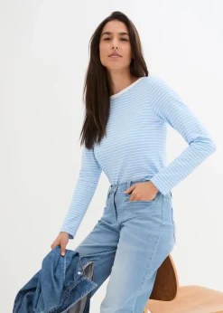 bonprix Nachhaltigere Materialien|Shirts & Tops^Langarmshirt mit reiner Bio-Baumwolle hellblau/weiß gestreift