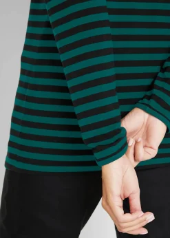 bonprix Bekleidung·Röcke|Nachhaltigere Materialien^Langarmshirt mit reiner Bio-Baumwolle schwarz/tiefgrün gestreift
