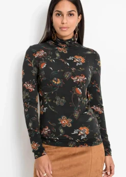 bonprix Nachhaltigere Materialien|Shirts & Tops^Langarmshirt mit Rollkragen schwarz geblümt
