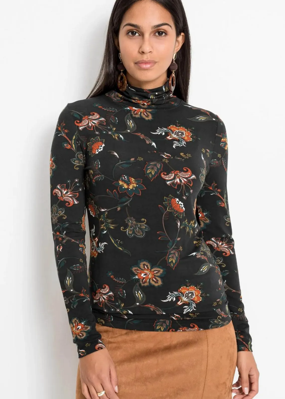 bonprix Nachhaltigere Materialien|Shirts & Tops^Langarmshirt mit Rollkragen schwarz geblümt