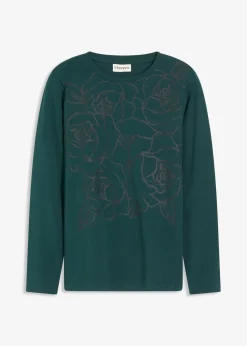 bonprix Shirts & Tops^Langarmshirt mit Rosendruck tiefgrün/schwarz