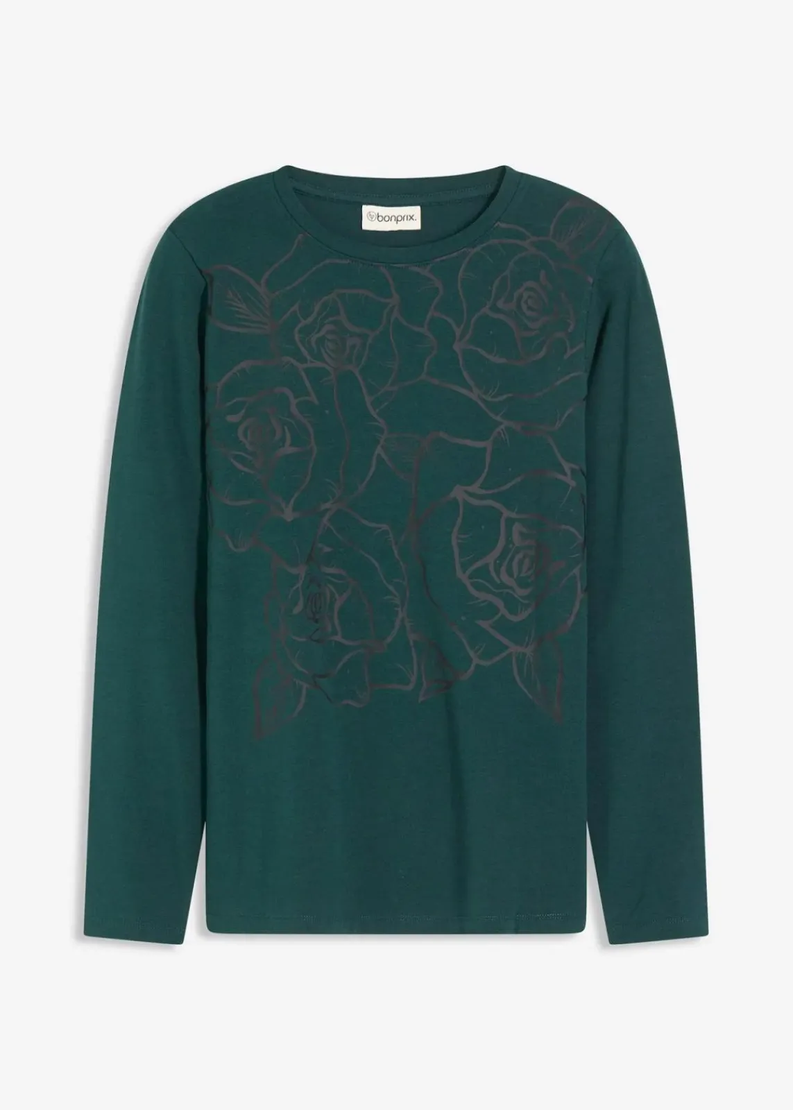 bonprix Shirts & Tops^Langarmshirt mit Rosendruck tiefgrün/schwarz